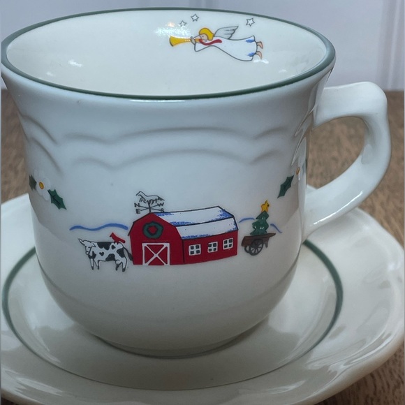 Pfaltzgraff White Mug and Saucer with Red Barn Holiday Design - Picture 2 of 6